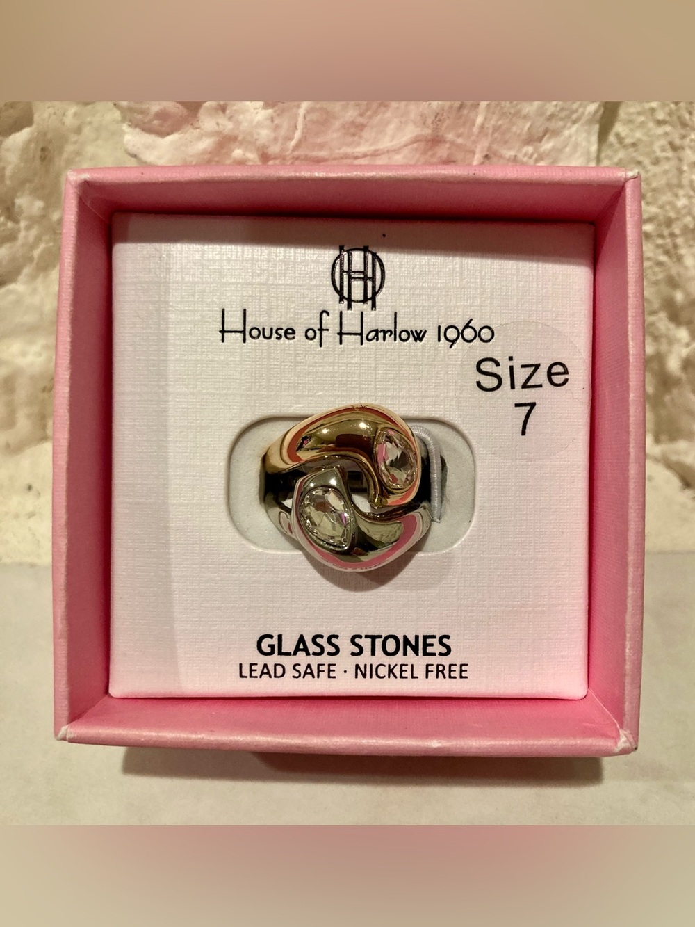 NEW House of Harlow 1960 Pink and Gold Knot Ring with Glass Stones
